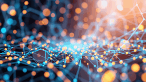 Buntes Datennetzwerk (blau und orange Linien und Punkte)