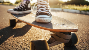 Skater mit Chucks skatet auf einem Longboard im Sonnenuntergang