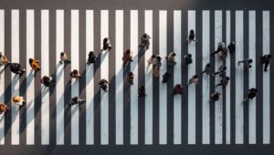 Zebrastreifen von oben auf dem viele Menschen gehen