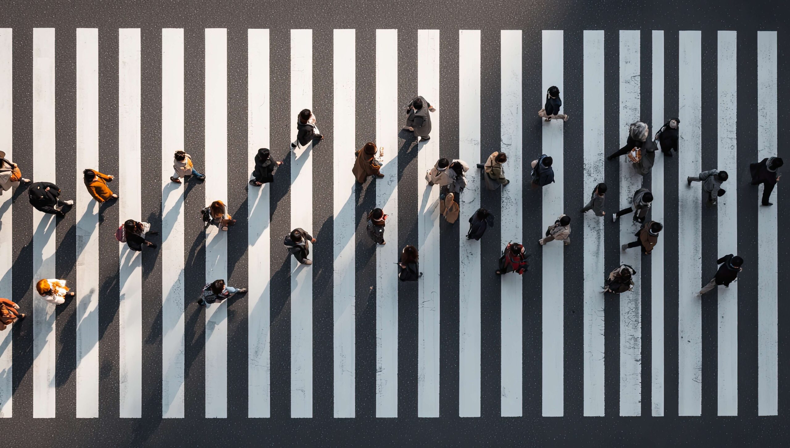 Zebrastreifen von oben auf dem viele Menschen gehen