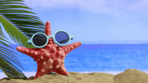 Seestern mit Sonnenbrille am Strand
