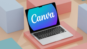 Laptop auf dem die App Canva geöffnet ist (Logo ist auf dem Bildschirm)