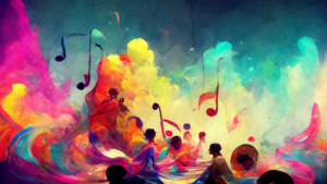 abstraktes Bild mit Musiknoten und Menschen in vielen bunten Farben.