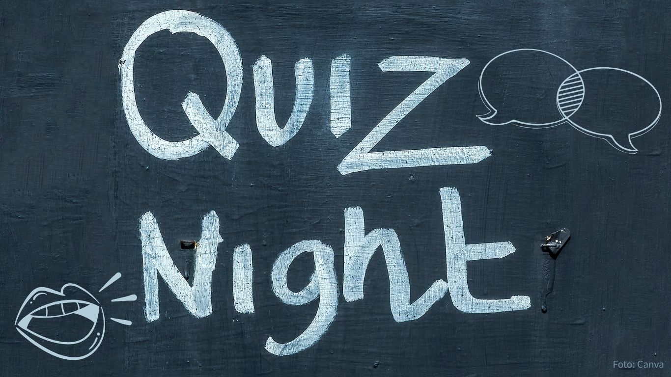Tafel auf der Quiz Night steht, daneben Sprechblasen und ein Mund der spricht