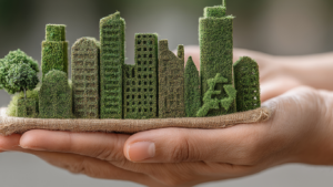 Hand hält eine Modell einer Stadt das aus bewachsenen Häusern besteht