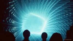 Schwarze Silhouetten stehen vor einem futuristischen Tunnel der blau leuchtet