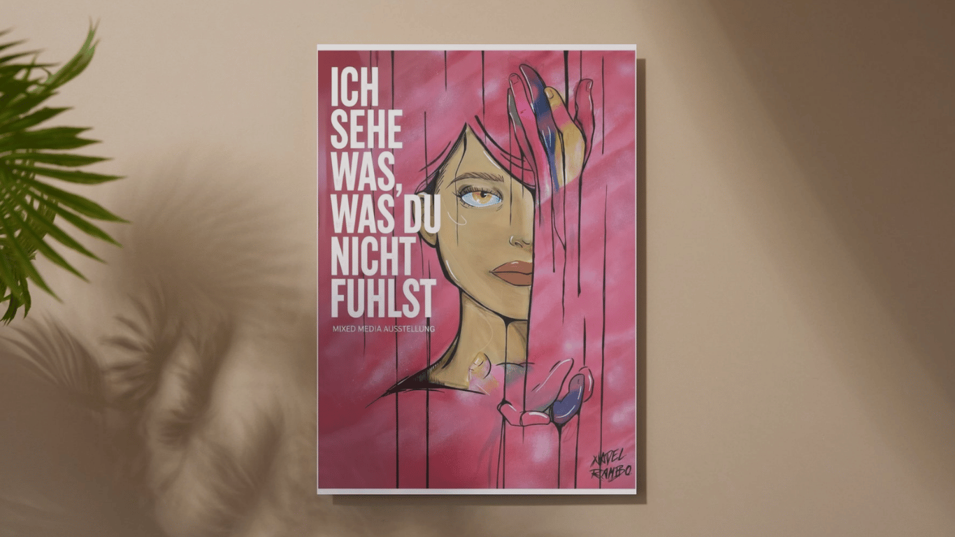 Pinkes Plakat mit einer gezeichneten Frau mit pinken Haaren hinter einem pinken Vorhang. Auf dem Plakat steht Ich sehe was was du nicht fühlst